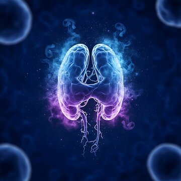 A human thymus gland dissolving into a swirl of blue and purple smoke and glowing dust particles, set against a deep blue microscopic background, symbolizing immune system decay or lymphatic involutio