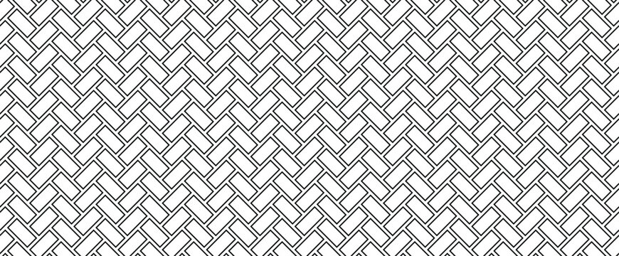 Abstract Geometric Seamless Pattern with Black and White Line Art Herringbone Interlocking Shapes, Minimalist Rounded Rectangle Lattice Vector Background