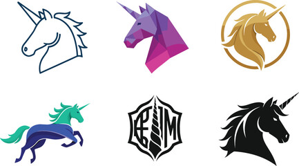 Creative Unicorn Logo Vector Icon Set Featuring Geometric, Outline, Gold, and Esport Mascot Head Styles for Brand Identity, Gaming, and Startup Businesses © ovi