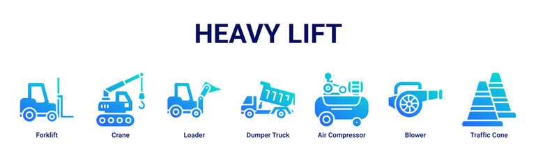 Heavy Lift web banner icon vector illustration with Forklift, Crane, Loader, Dumper Truck, Air Compressor, Blower and Traffic Cone © Arjuna