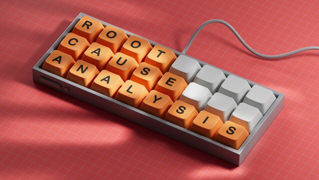 Computer keyboard keys and a wooden block with the text Root Cause Analysis. Computer keyboard keys. Copy space.3D rendering
