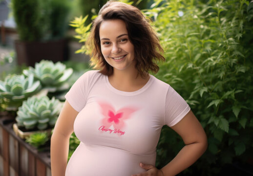 Pregnant Woman In Tshirt Mockup Smiling Outdoors PSD