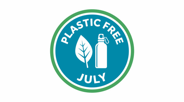 A circular logo for "Plastic Free July" featuring a leaf and a reusable water bottle icon, promoting environmental sustainability and waste reduction.
