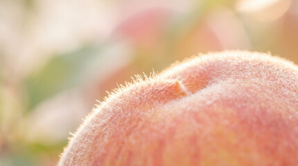 Fototapeta premium Peach fuzz close up backlit soft fruit skin macro orchard blur sunlight ripe texture with delicate hair on pink surface and warm natural glow in shallow focus