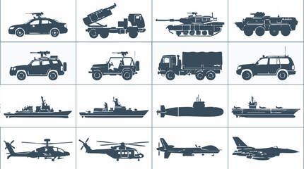 Set of military vehicles, aircraft, and warships icons in flat silhouette style © Luna