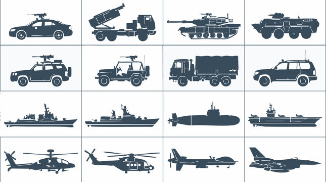 Set of military vehicles, aircraft, and warships icons in flat silhouette style