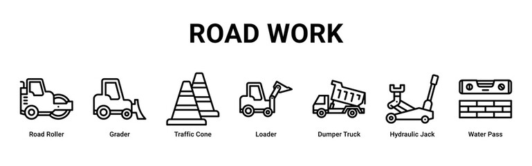 Road Work web banner icon vector illustration with Road Roller, Grader, Traffic Cone, Loader, Dumper Truck, Hydraulic Jack and Water Pass © Arjuna