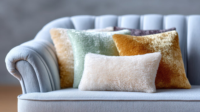 Soft velvet decorative pillows on pale blue sofa for home decor background and interior design banner