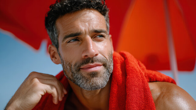 Closeup portrait of man with red towel and beach umbrella for sun protection and skin care travel banner