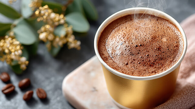 Overhead steaming hot cocoa in a paper cup with coffee beans and greenery for cozy winter beverage background and packaging design