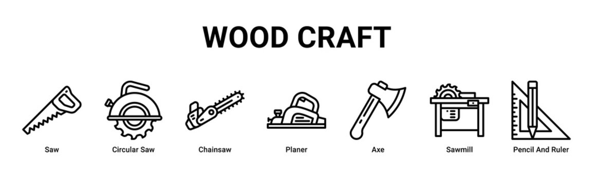 Wood Craft web banner icon vector illustration with Saw, Circular Saw, Chainsaw, Planer, Axe, Sawmill and Pencil And Ruler for woodworking projects