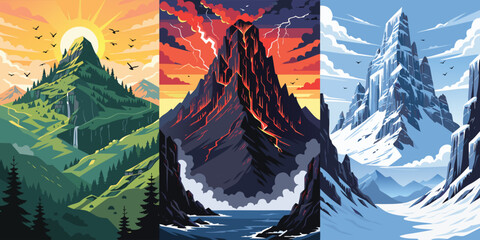 Three diverse geological mountain environments featuring lush hills volcanic terrain and arctic snowy peaks © Yusni