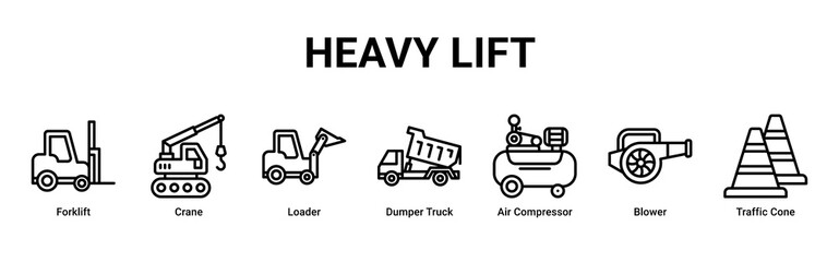 Heavy Lift web banner icon vector illustration with Forklift, Crane, Loader, Dumper Truck, Air Compressor, Blower and Traffic Cone © Arjuna