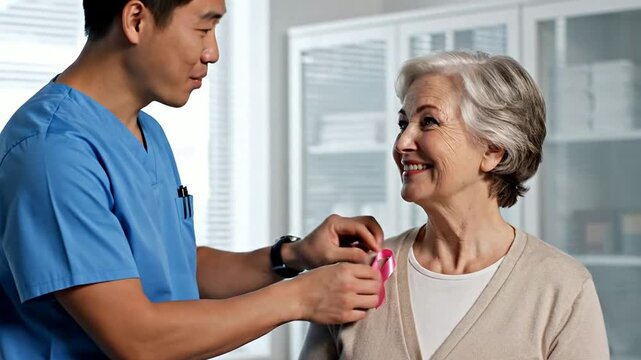 Nurse Affixing Pink Ribbon Pin on Senior Patient in Medical Office for Breast Cancer Awareness and Support