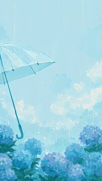 雨空に浮かぶ透明傘と紫陽花 水彩風梅雨背景イラスト