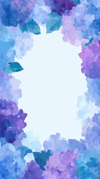 紫陽花と葉の水彩フレーム 縦長背景イラスト コピースペース付き