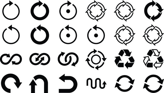 Set of black circular arrow icons for loading refresh recycle and reload web interface design