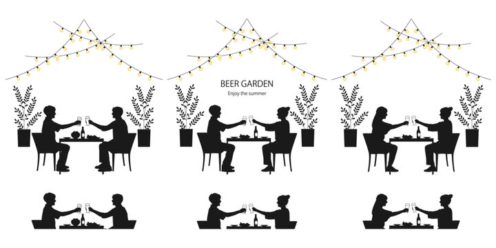 ビールを乾杯している人たちのシルエットイラスト素材セット ベクター ビアガーデン 夏 白背景 全身 上半身