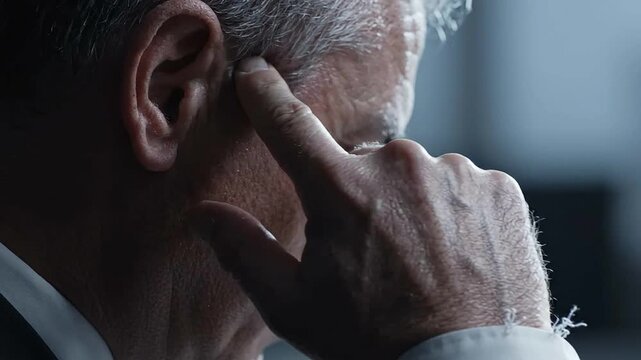 Professional security agent listening to covert communication on an earpiece. The senior bodyguard provides protection for a VIP, part of a secret service surveillance team.