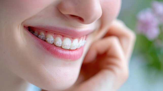 Close-up of a young woman's smile with clear ceramic braces and pink lips