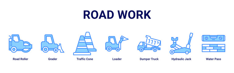 Road Work web banner icon vector illustration with Road Roller, Grader, Traffic Cone, Loader, Dumper Truck, Hydraulic Jack and Water Pass © Arjuna