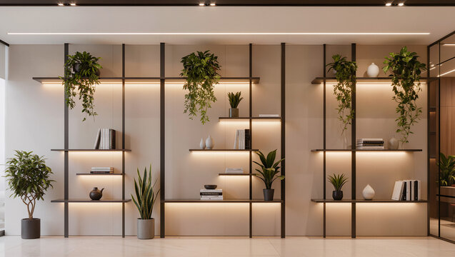 Modern Minimalist Wall Shelving Unit with Indoor Plants and LED Lighting