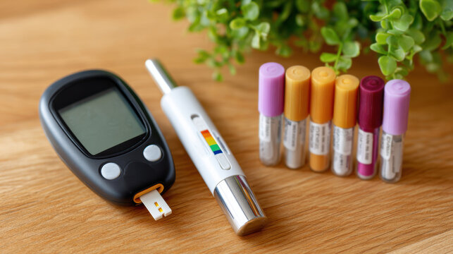 Blood glucose monitoring kit with lancet device test strips and sample tubes for diabetes care and wellness background