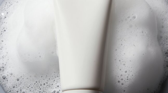 White cosmetic tube in rich creamy bubbles. Minimal skincare face wash product with hydrating foam texture. Beauty branding spa treatment and personal care.