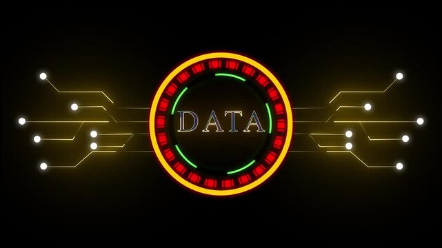 Data symbol with red and yellow neon rings on dark. Technical data symbol with red and yellow neon rings for hardware. Tech data symbol with red and yellow neon rings.