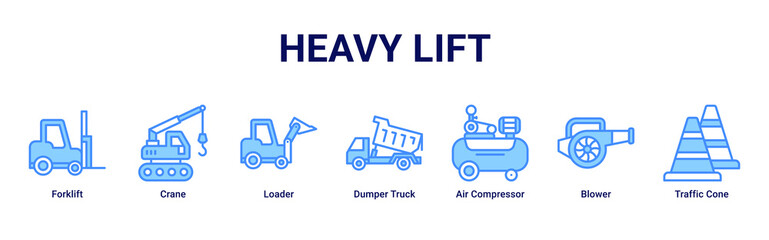 Heavy Lift web banner icon vector illustration with Forklift, Crane, Loader, Dumper Truck, Air Compressor, Blower and Traffic Cone © Arjuna