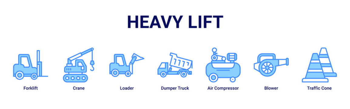 Heavy Lift web banner icon vector illustration with Forklift, Crane, Loader, Dumper Truck, Air Compressor, Blower and Traffic Cone