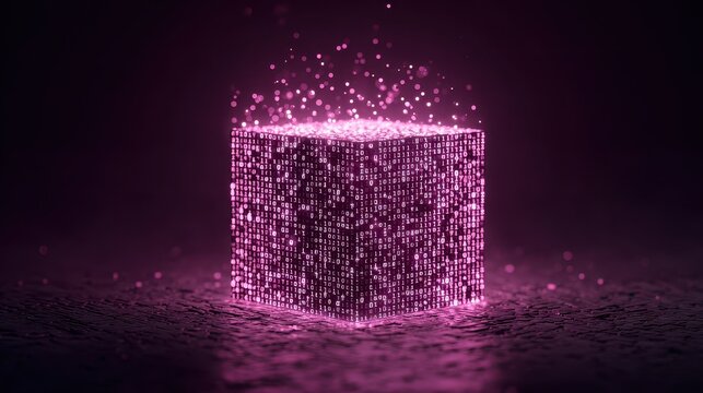 A glowing data cube constructed from binary code, emitting light particles in a futuristic digital realm.