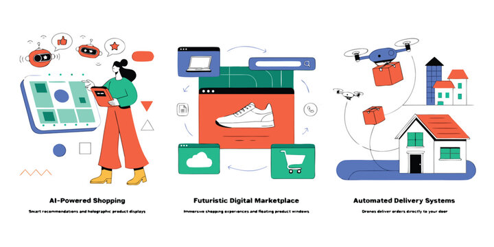 Set of illustrations depicting artificial intelligence in shopping digital marketplaces and delivery systems