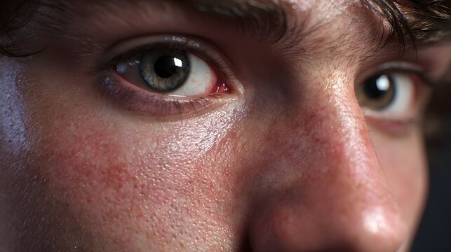 Extreme macro close up of young man with red flushed sensitive skin texture sweat and blue eye looking at camera