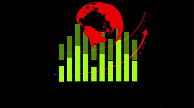 Red earth globe above green bar chart on dark grid. Global red earth globe above green bar chart for logistics statistics. Professional red earth globe above bar chart.