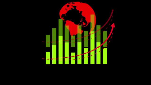 Red earth globe over green bar chart with upward arrows. Global red earth globe over green bar chart for profit growth. Corporate red earth globe over green bar chart.