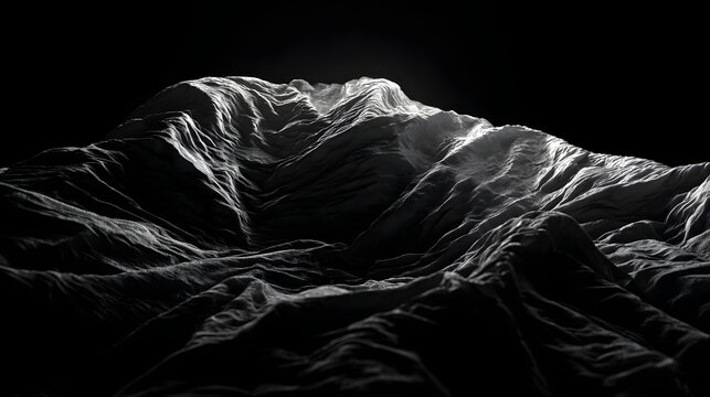 Dramatic low key monochrome landscape of dark abstract mountain folds with sharp highlights isolated on black background