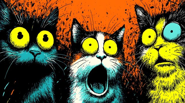 Colorful pop art comic illustration of three funny scared cats with big yellow eyes staring in shock against a bright orange background