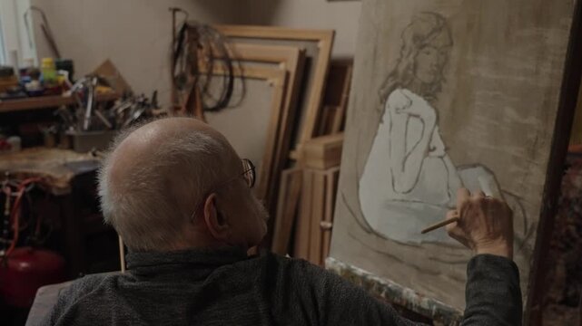 Senior artist on a wheelchair paints an oil painting on canvas in a studio