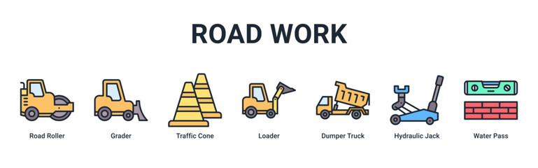 Road Work web banner icon vector illustration with Road Roller, Grader, Traffic Cone, Loader, Dumper Truck, Hydraulic Jack and Water Pass © Arjuna