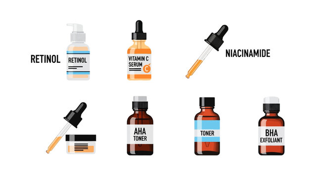 Skincare Products: Retinol, Vitamin C, Niacinamide, AHA, BHA, Toner, Serum