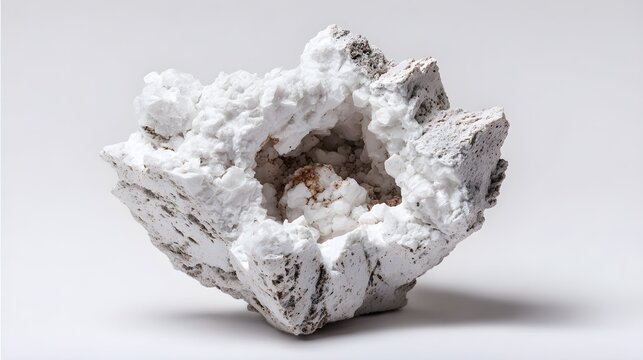 Natural raw white zeolite crystal geode cluster with rough texture isolated on neutral gray background, mineral specimen