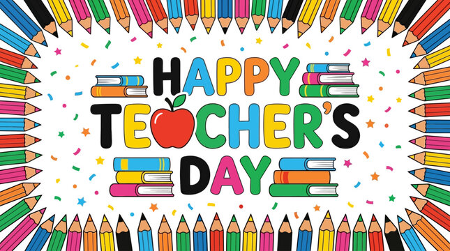 Colorful 'happy teacher's day' with pencils, books, and apple