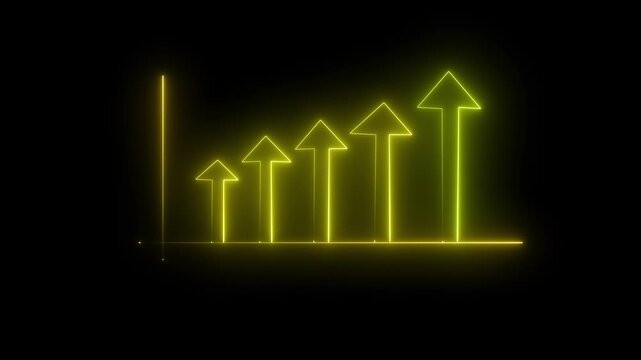 Neon yellow financial growth bar chart with rising arrows animation on black background, graph business