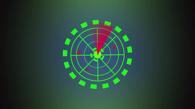 Green radar screen with red scan line and targets. Military green radar screen with red scan line for naval navigation. Technical green radar screen with red scan line.