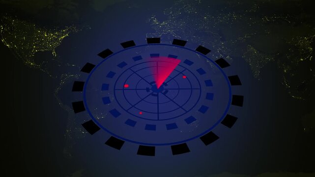 Global radar display over earth at night showing target. International global radar display over earth for air traffic monitoring. Tech global radar display over earth.