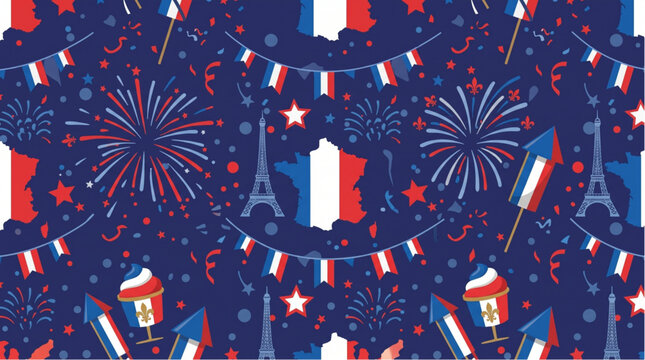 France Bastille Day seamless pattern. Vector French national flag background with map silhouette, Eiffel Tower, roosters, baguettes and fireworks.
