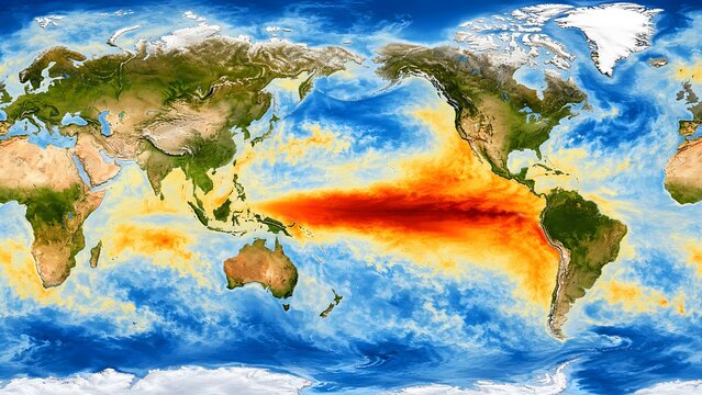 Global Ocean Surface Temperature Map Showing El Ni?o Region