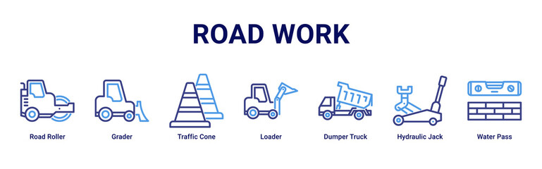 Road Work web banner icon vector illustration with Road Roller, Grader, Traffic Cone, Loader, Dumper Truck, Hydraulic Jack and Water Pass © Arjuna