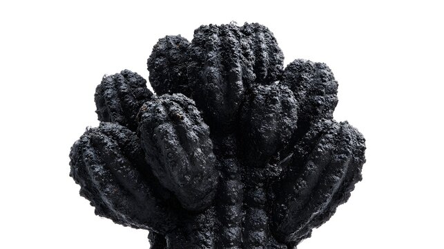 Black painted cactus plant isolated on pure white background, conceptual minimalist industrial object mockup
